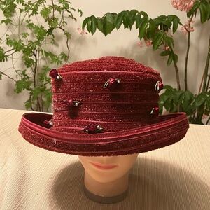 Chic Burgundy Chenille Women's Hat with Burgundy Floral Accents